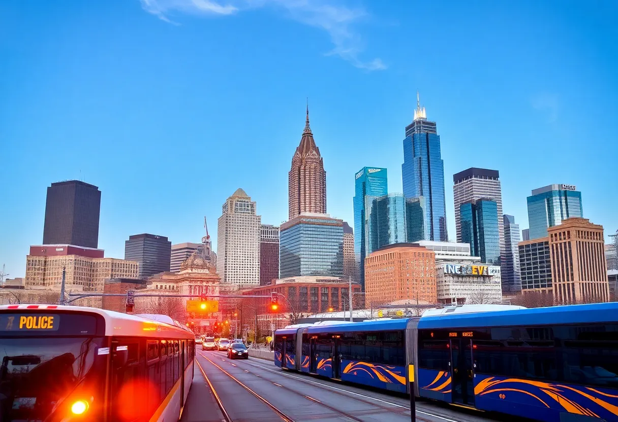 Charlotte skyline with light rail and community safety initiatives