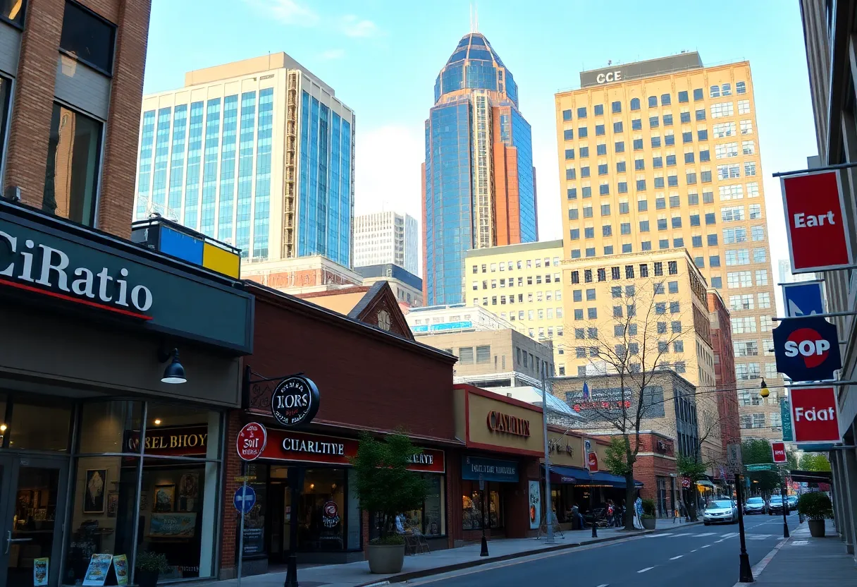 Cityscape of Charlotte showcasing diverse retail stores.