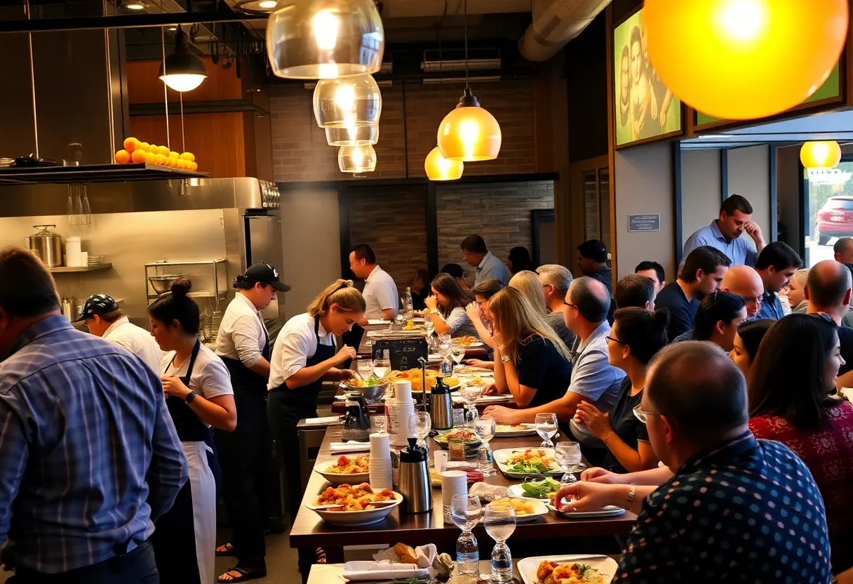 Servers and kitchen staff working in a bustling Charlotte restaurant