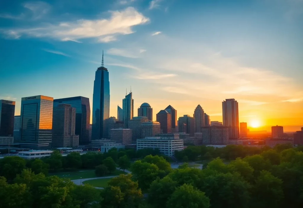Aerial view of Charlotte NC skyline with sunset