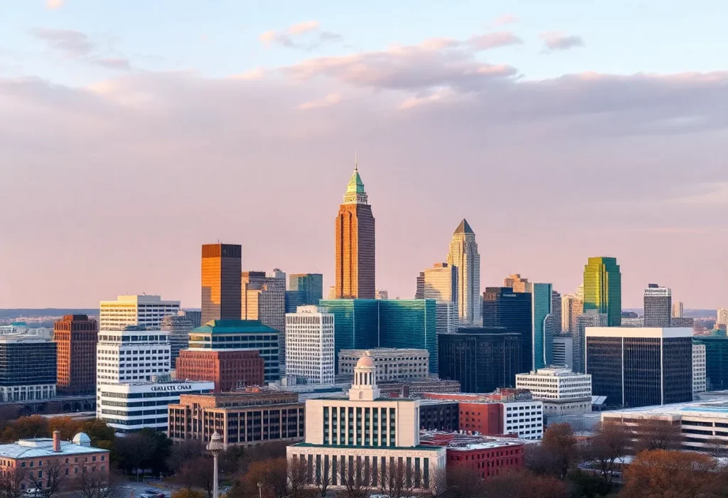 Panoramic view of Charlotte skyline featuring financial institutions.