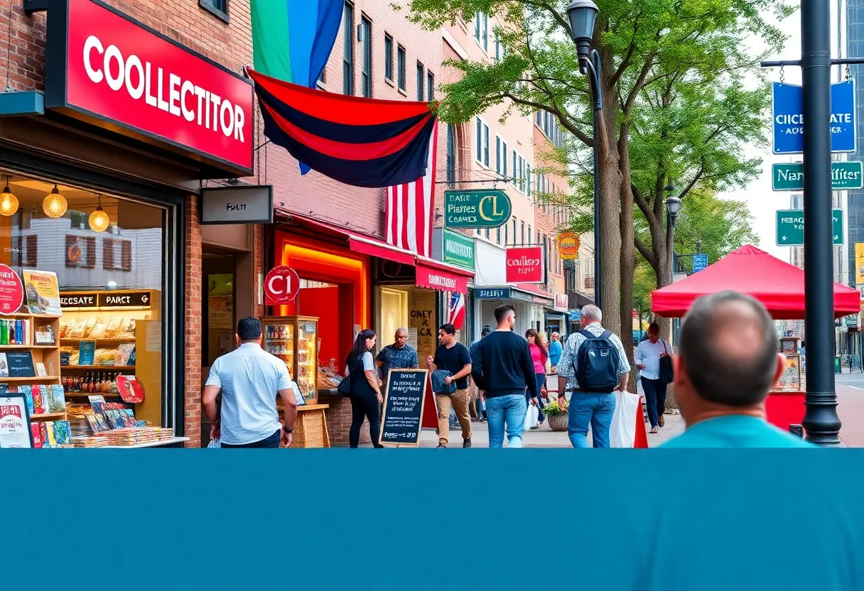 A lively street in Charlotte filled with various small businesses.