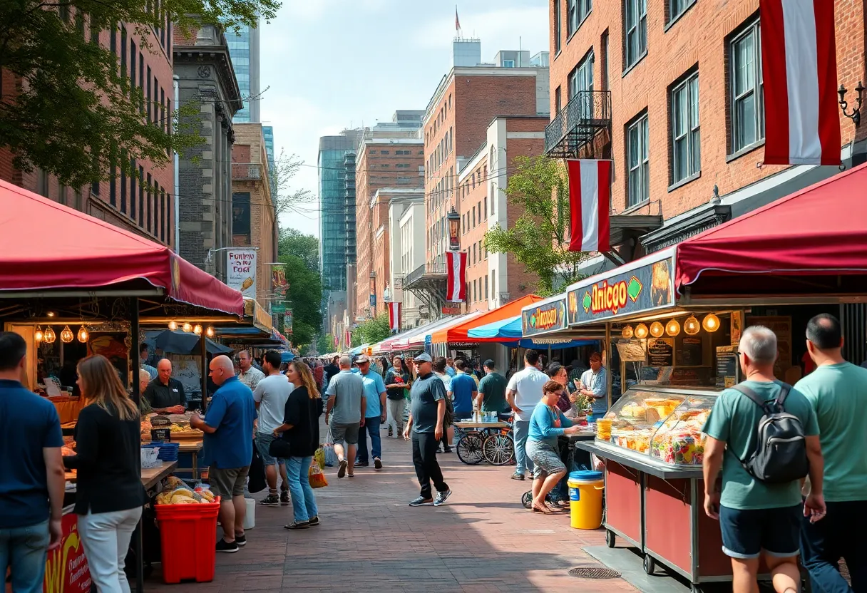 Street vendors in Charlotte's NoDa neighborhood with food carts amidst lively crowds.