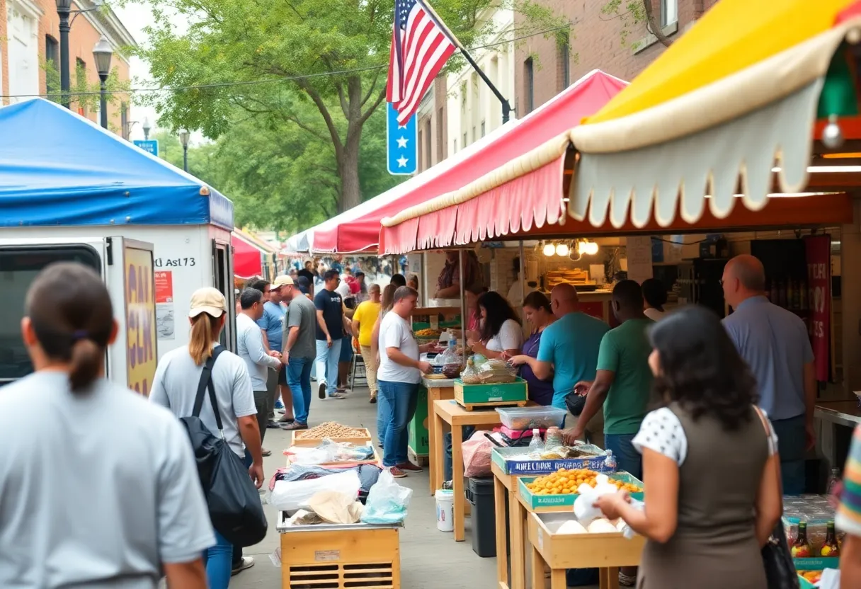 A bustling street market in Charlotte with various vendors.
