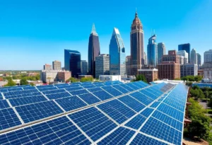 Charlotte NC skyline with solar panels on rooftops