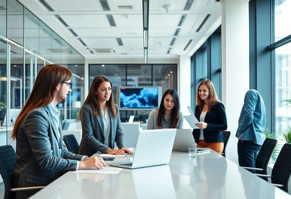 Professionals collaborating in a modern office showcasing cloud technology