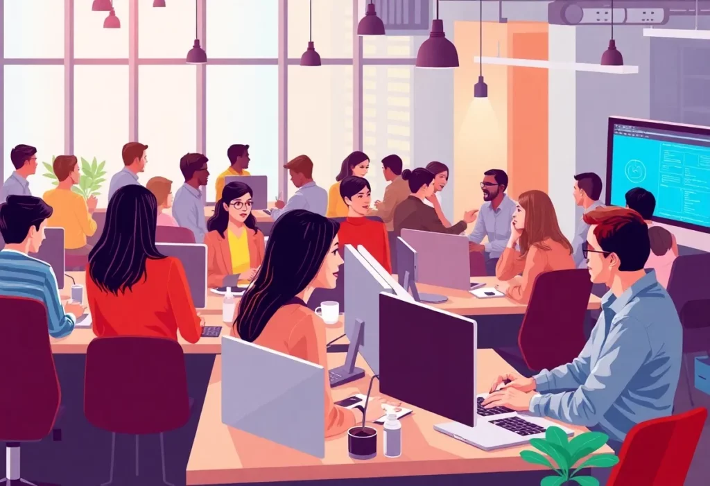 Employees collaborating in a modern tech office in Charlotte