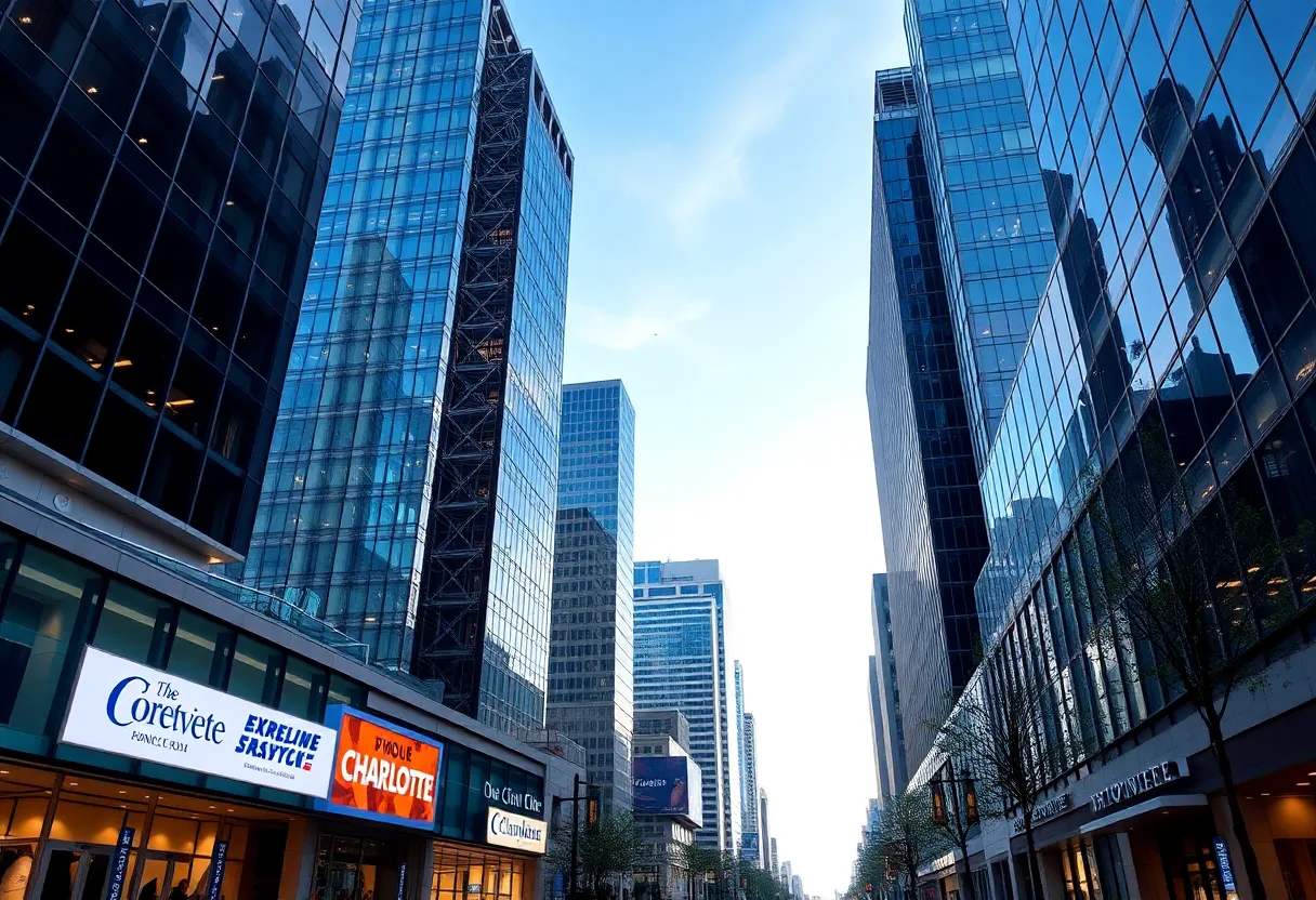 Aerial view of downtown Charlotte showcasing corporate buildings and dynamic business atmosphere.