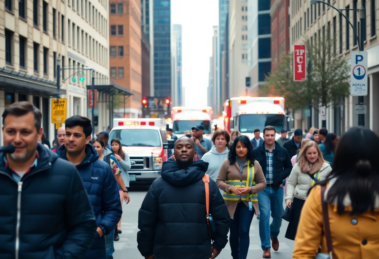 Urban street scene in Charlotte with people and emergency vehicles.