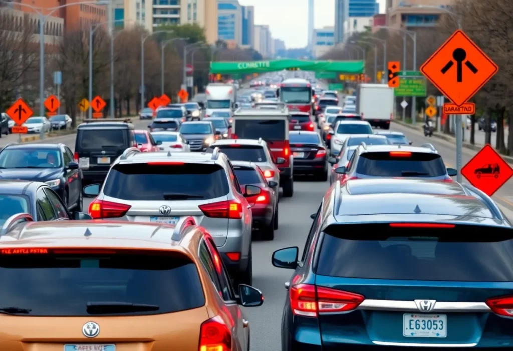 Traffic congestion on a busy Charlotte road with construction signs