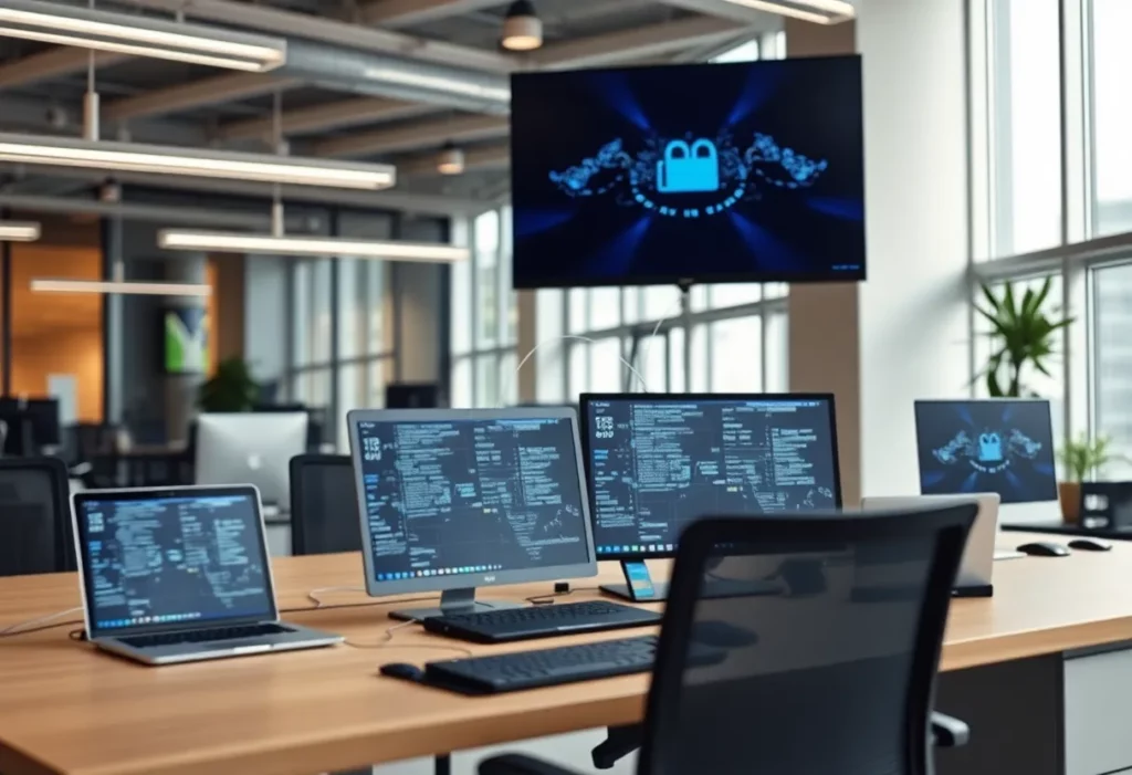 An office illustrating enhanced connectivity with multiple devices using WiFi 7 technology.