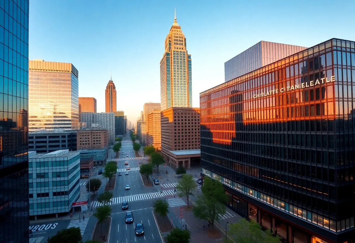 A view of Charlotte NC's skyline showcasing its businesses and office buildings
