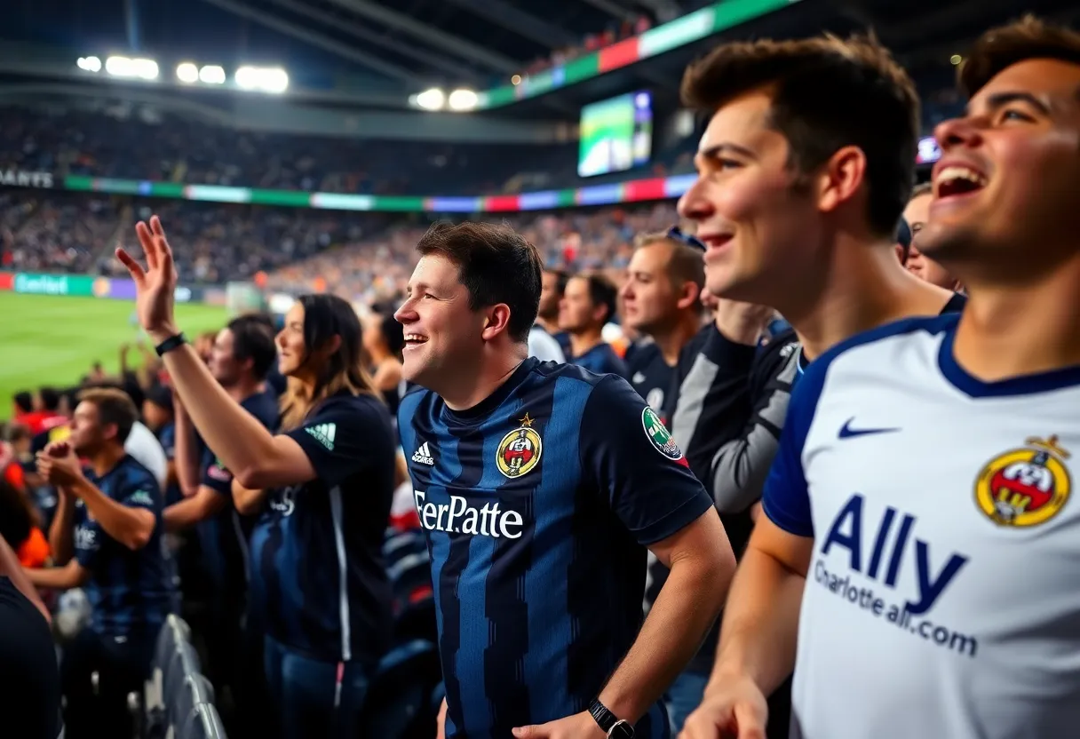 Excited Charlotte FC fans wearing jerseys in the stadium