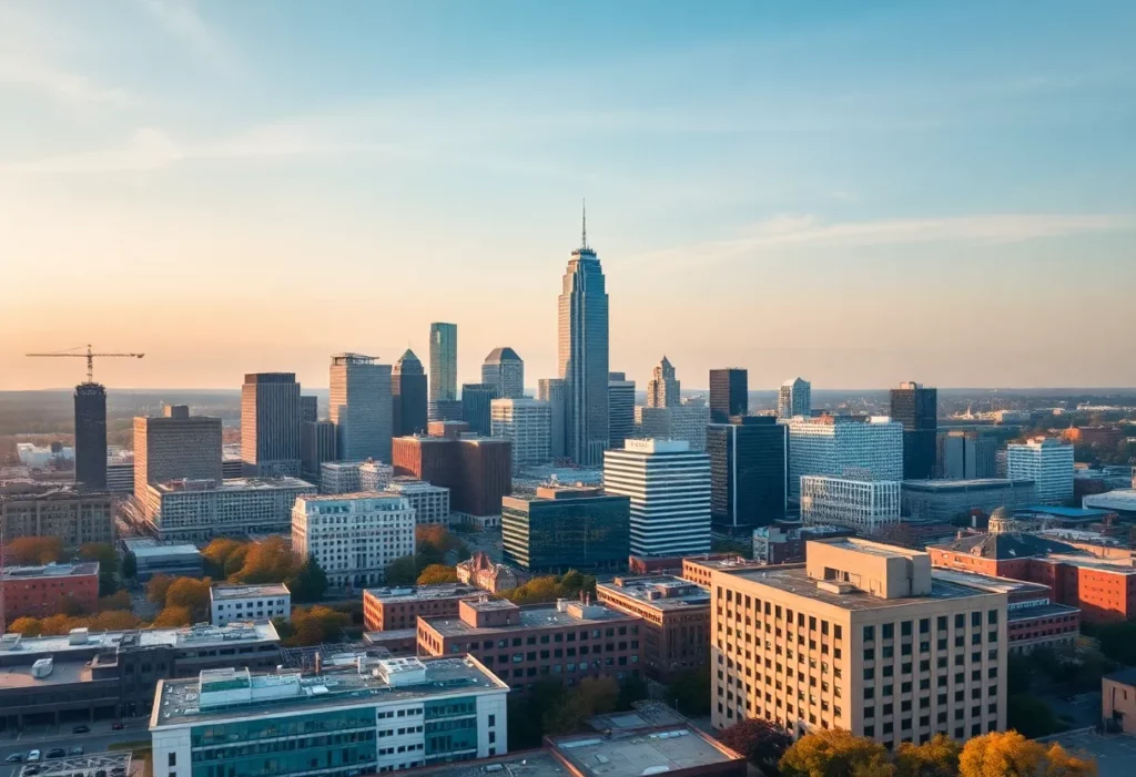 Aerial view of Charlotte, NC skyline featuring modern buildings and green spaces.