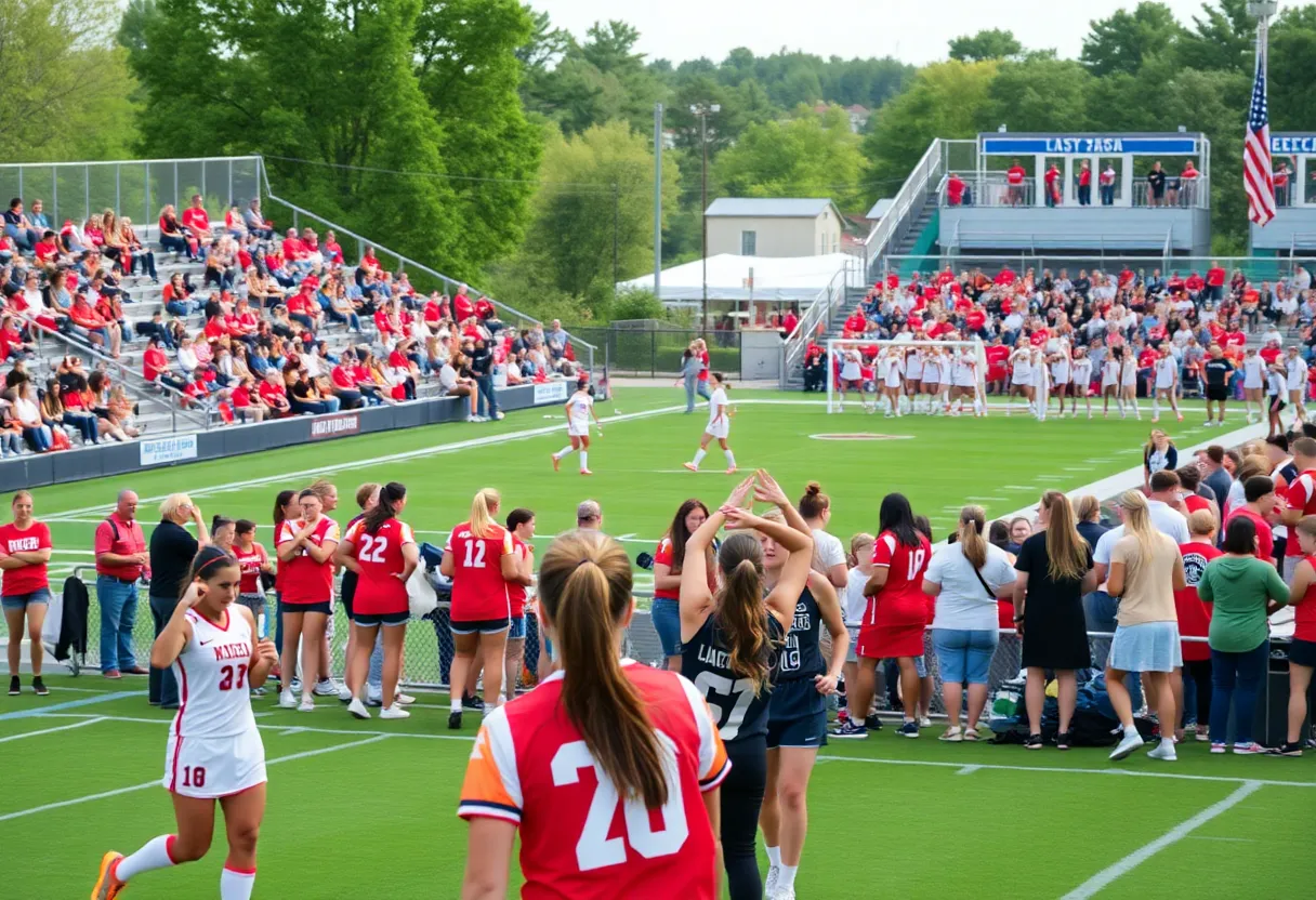 A dynamic scene of sporting events in Charlotte featuring women's soccer and lacrosse.