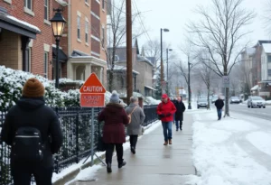 Icy sidewalks in a snow-covered Charlotte neighborhood