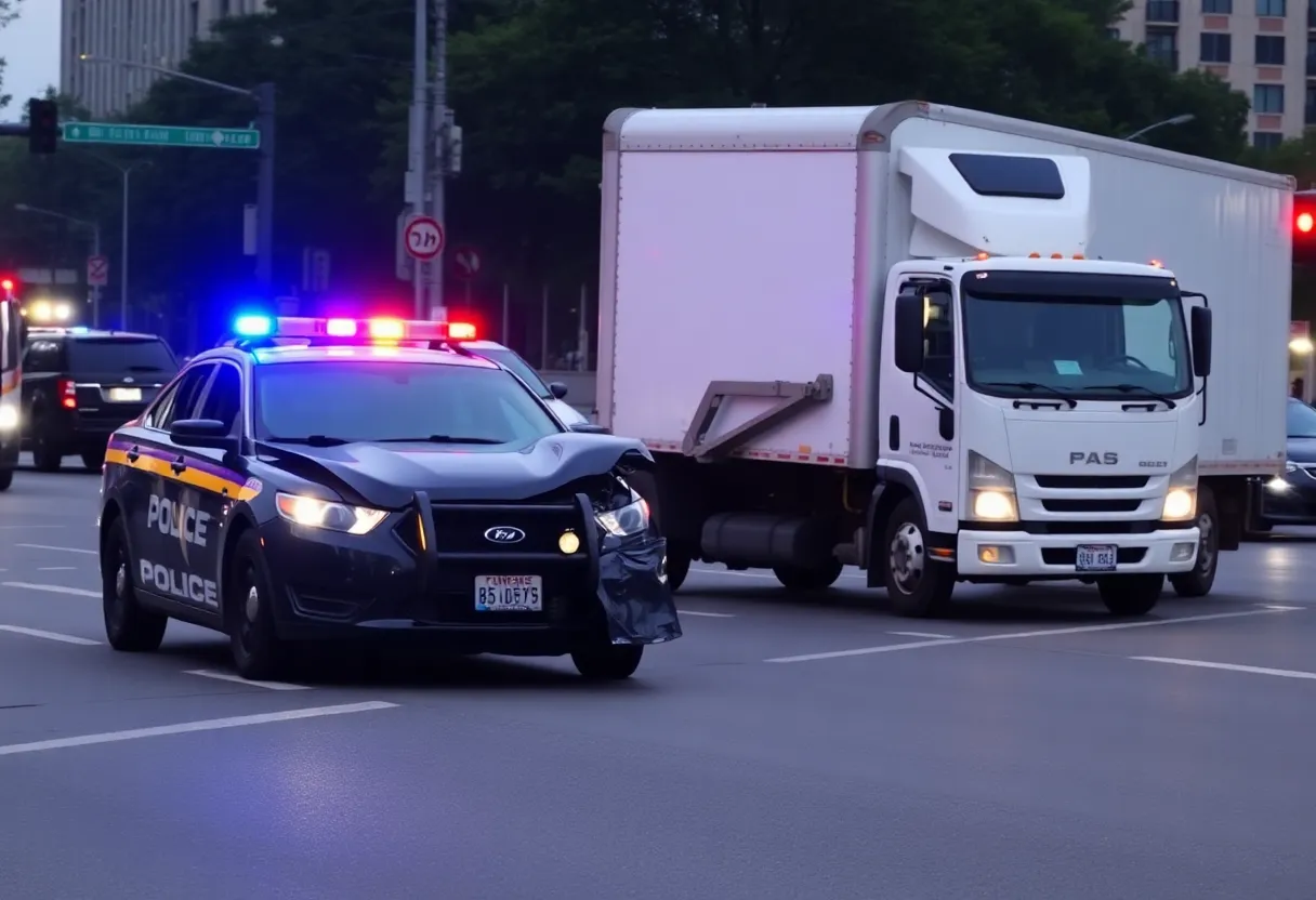 A police cruiser and a box truck involved in an accident on Statesville Road.