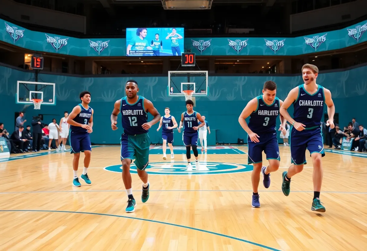 Coby White alongside teammates on the basketball court wearing Charlotte Hornets uniforms.