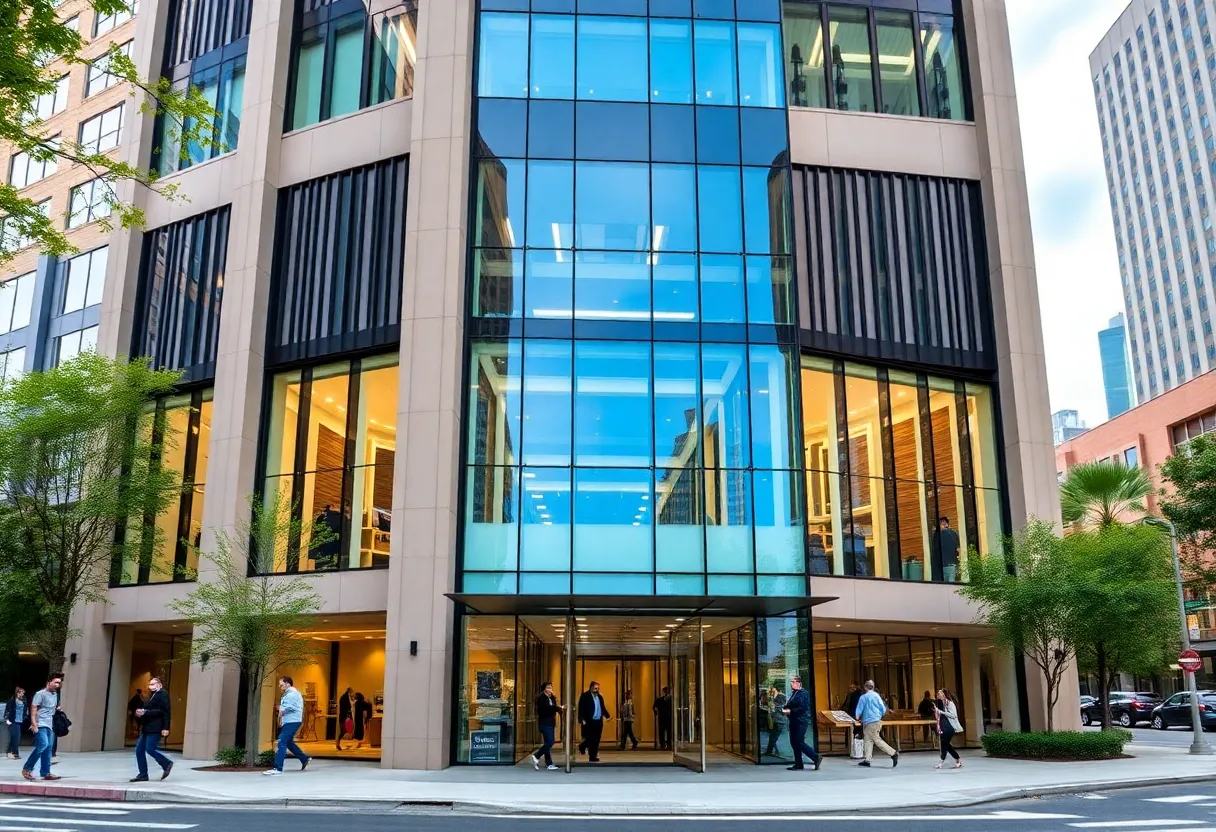 Exterior view of Coinbase's customer service hub in Charlotte's uptown area.