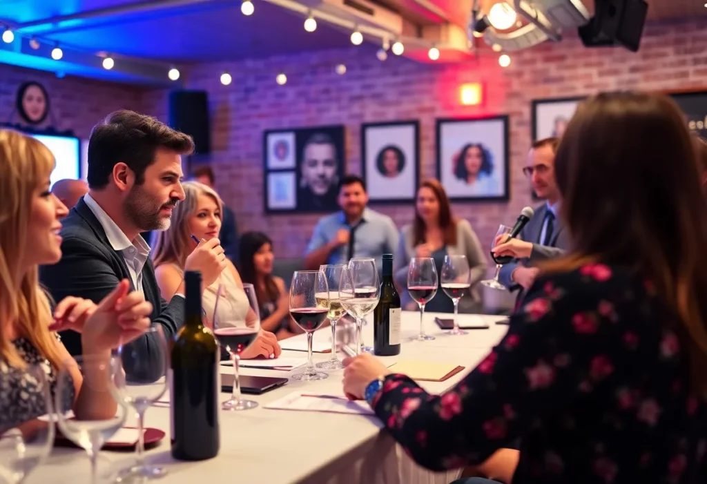 Guests enjoying a comedic wine tasting event with laughter and wine.