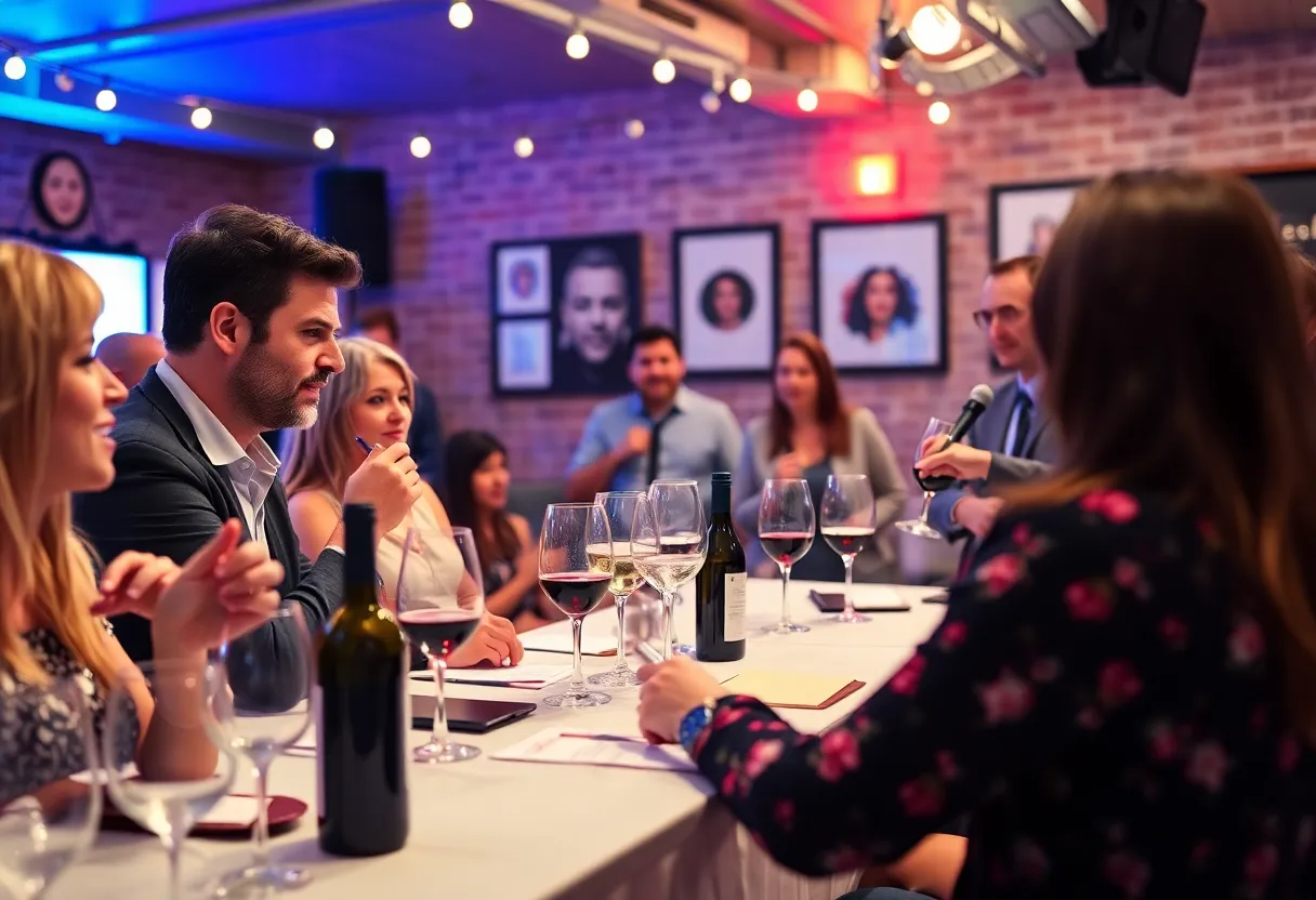 Guests enjoying a comedic wine tasting event with laughter and wine.