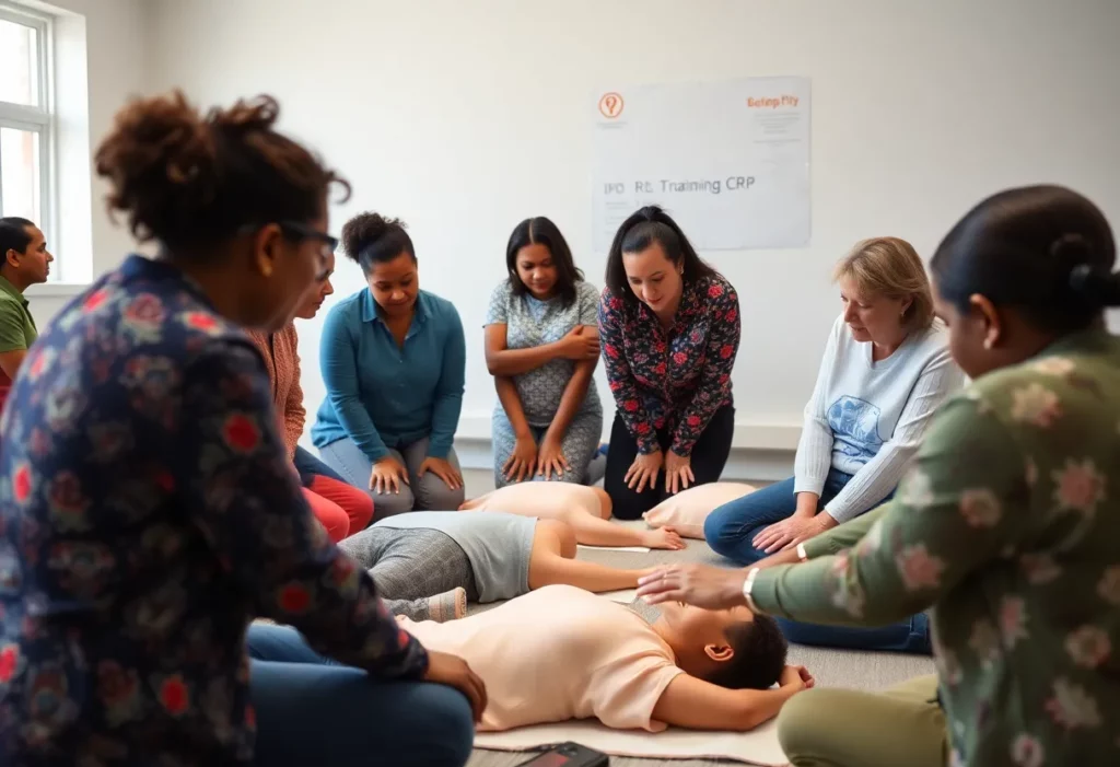 Participants in a CPR training session in Charlotte learning techniques