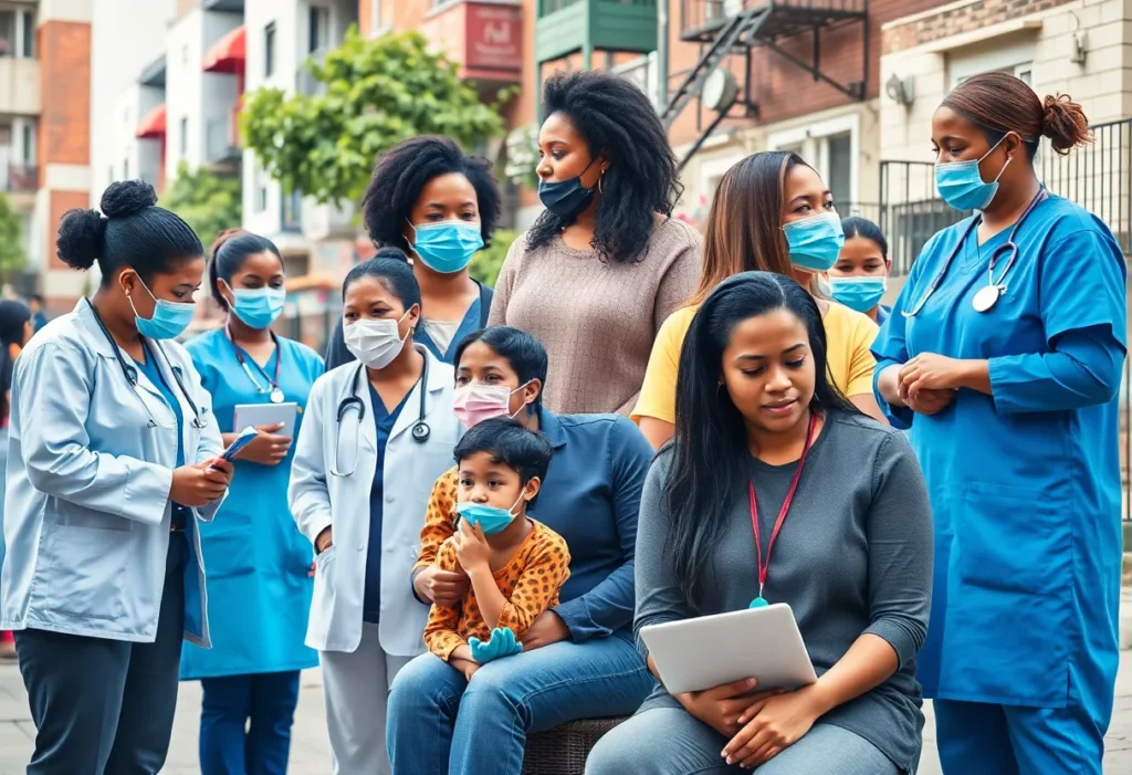 Healthcare workers interacting with community residents in an urban environment, emphasizing health equity initiatives.