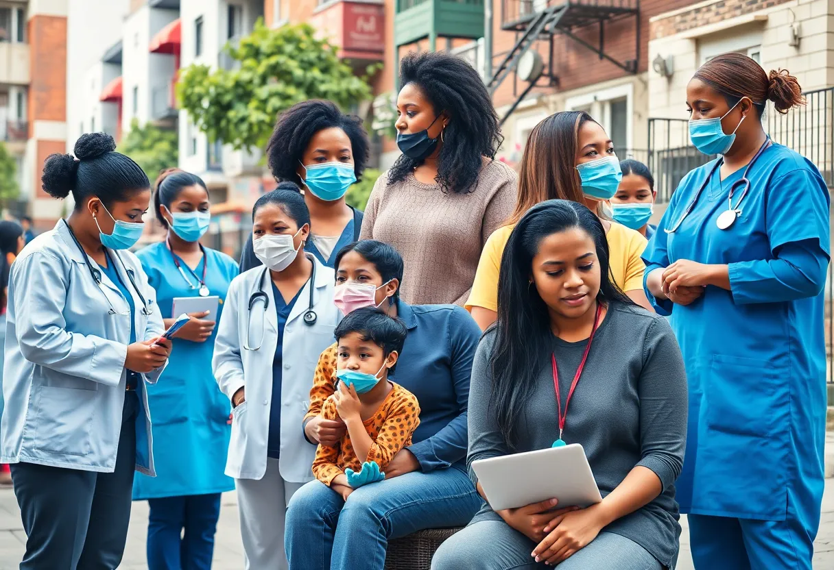 Healthcare workers interacting with community residents in an urban environment, emphasizing health equity initiatives.