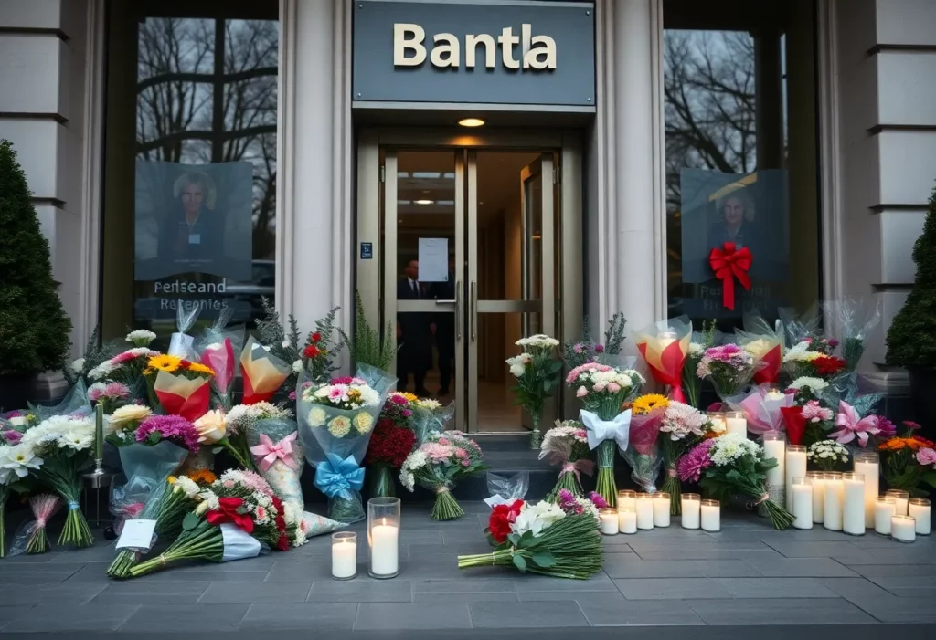 Memorial with flowers and candles commemorating the victim of the Bank of America shooting.