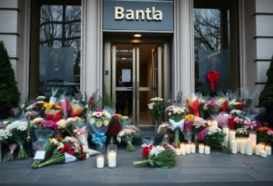 Memorial with flowers and candles commemorating the victim of the Bank of America shooting.