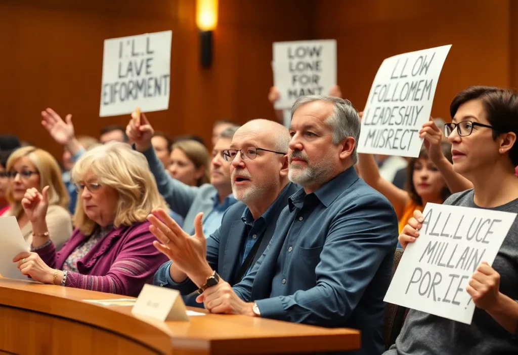 Citizens expressing concern at a city council meeting