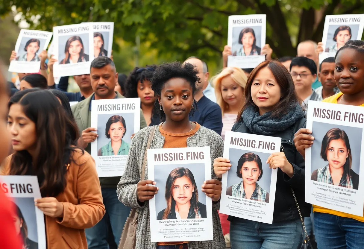 Community members searching for a missing teenager with posters