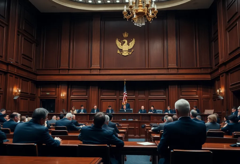 Courtroom scene illustrating the justice process in a murder conviction case.