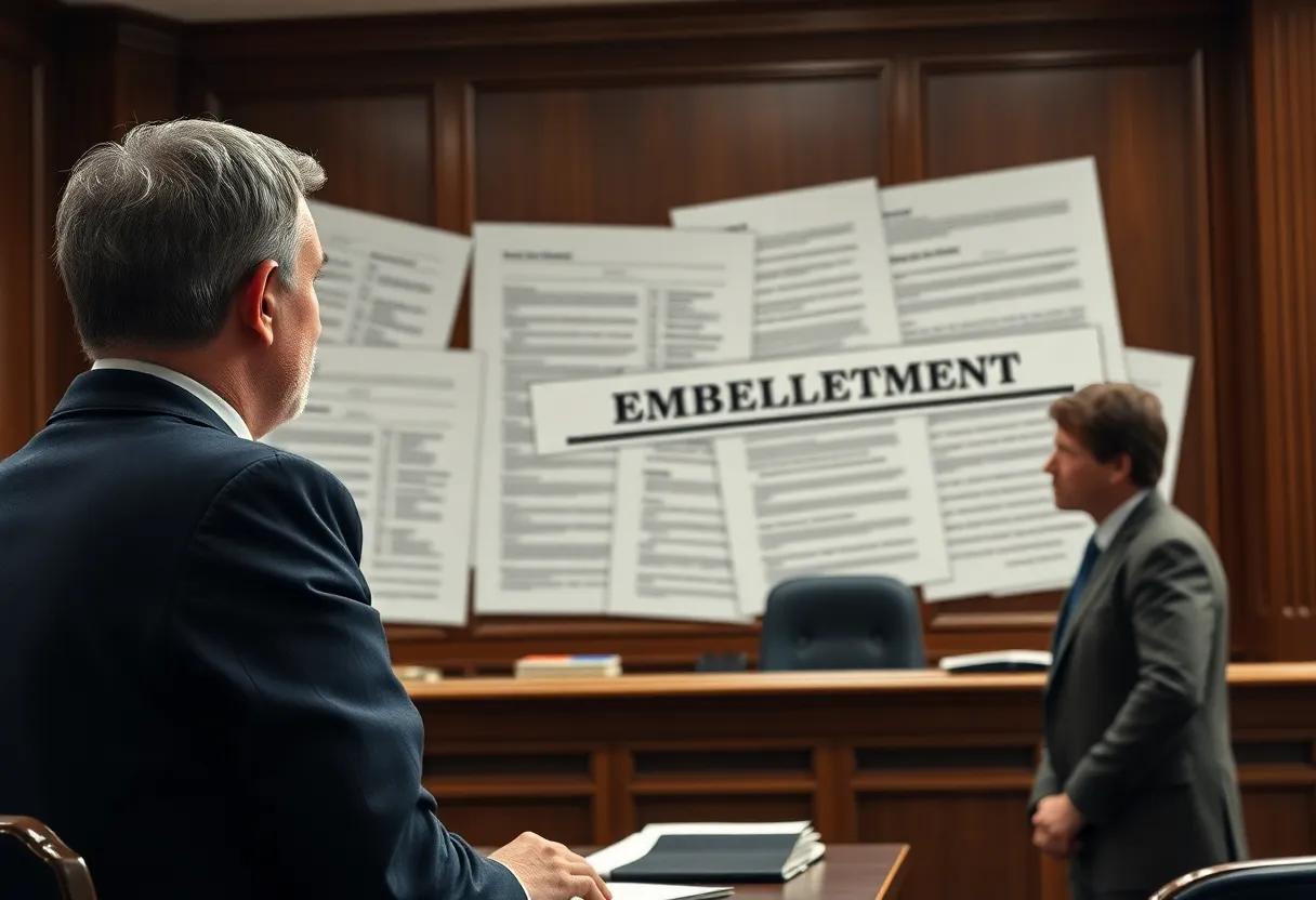 A courtroom scene depicting a sentencing case related to embezzlement.