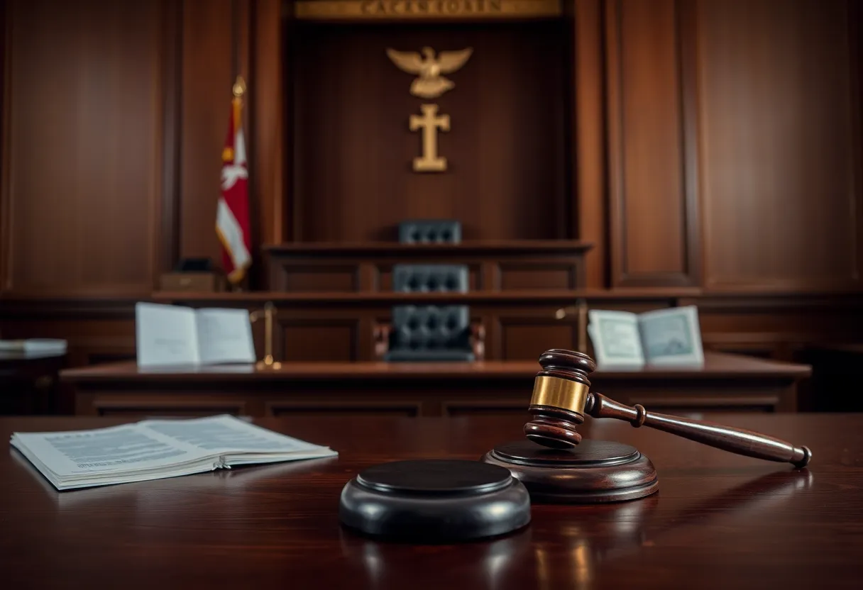 Empty courtroom focused on judge's bench and legal documents