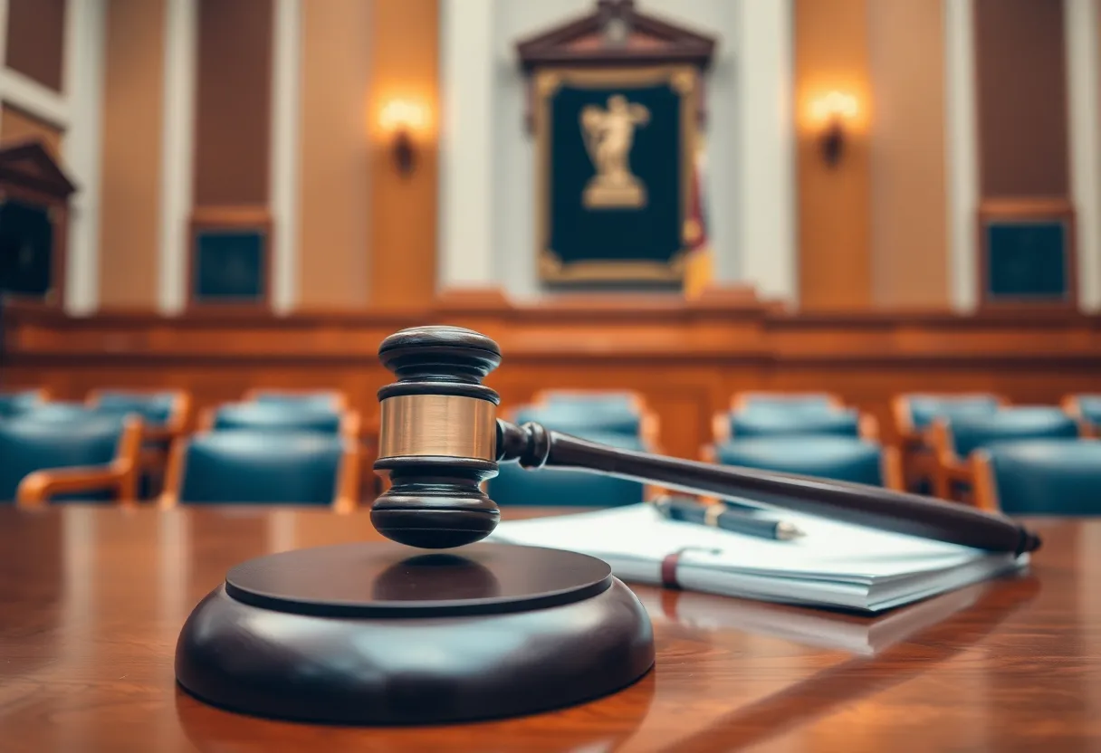 A courtroom scene with legal documents.