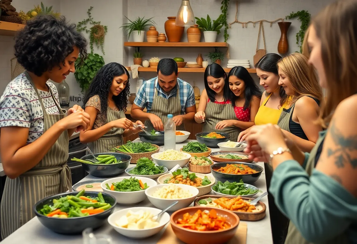 Participants enjoying a Mediterranean cooking class in a bright kitchen.