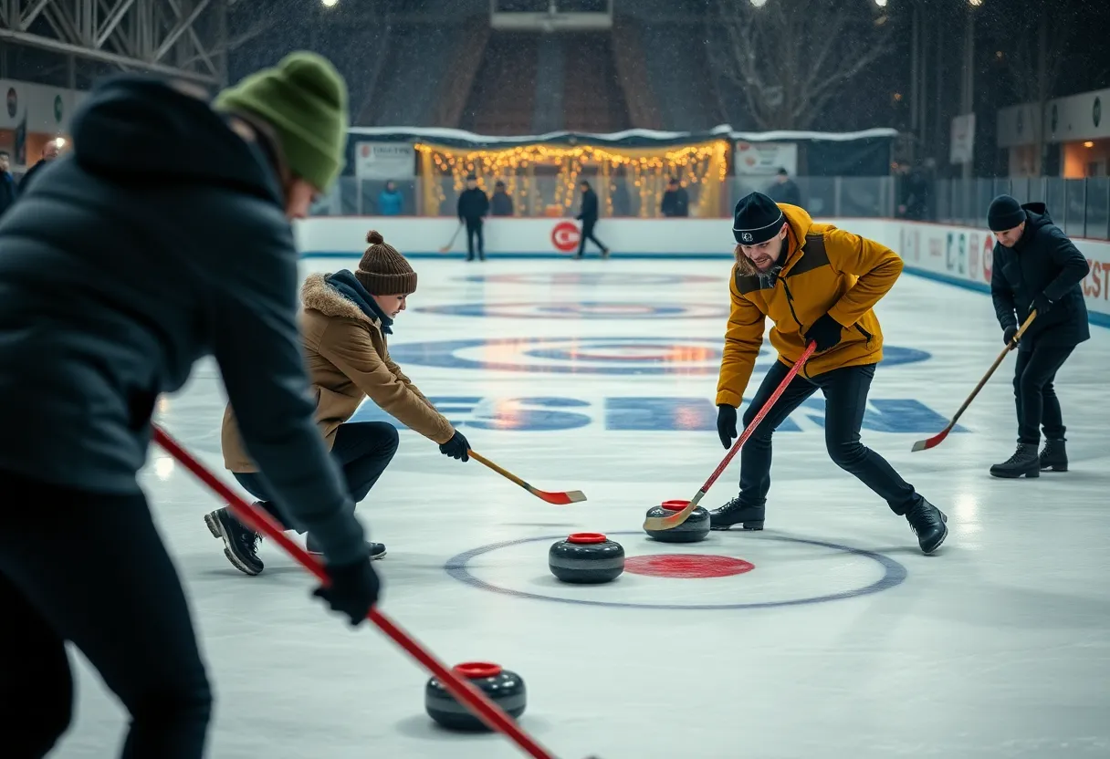Players engaged in a curling match on ice in Charlotte