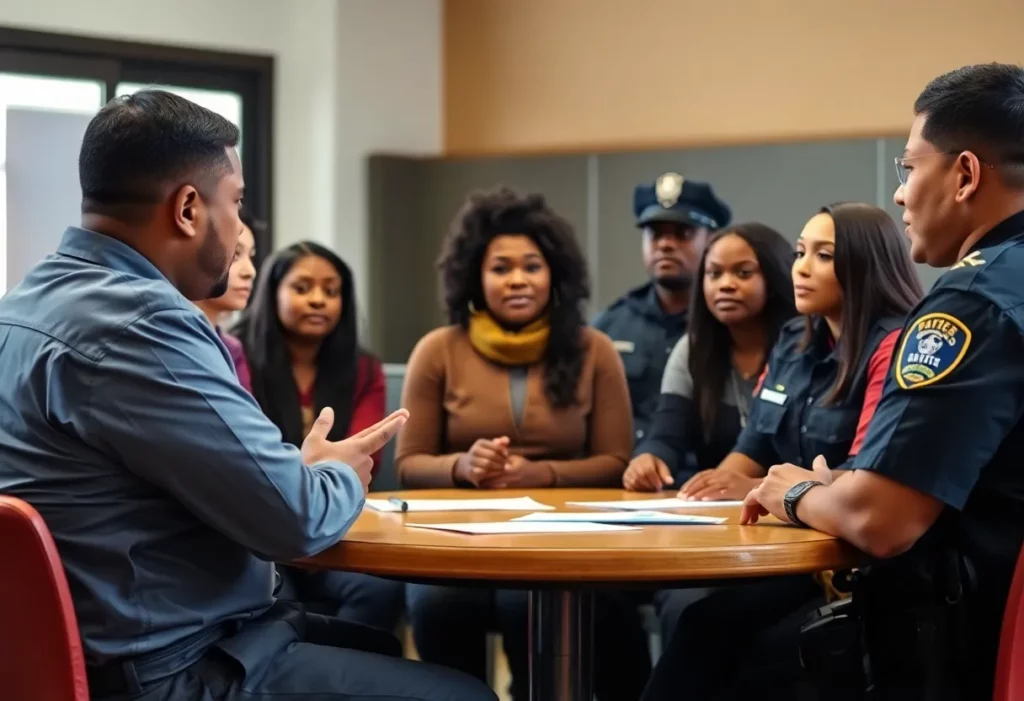 Community members and law enforcement officials engaging in dialogue at the D2C Justice Institute launch event.