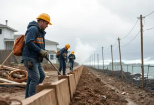 Community efforts for disaster mitigation with workers strengthening infrastructure.