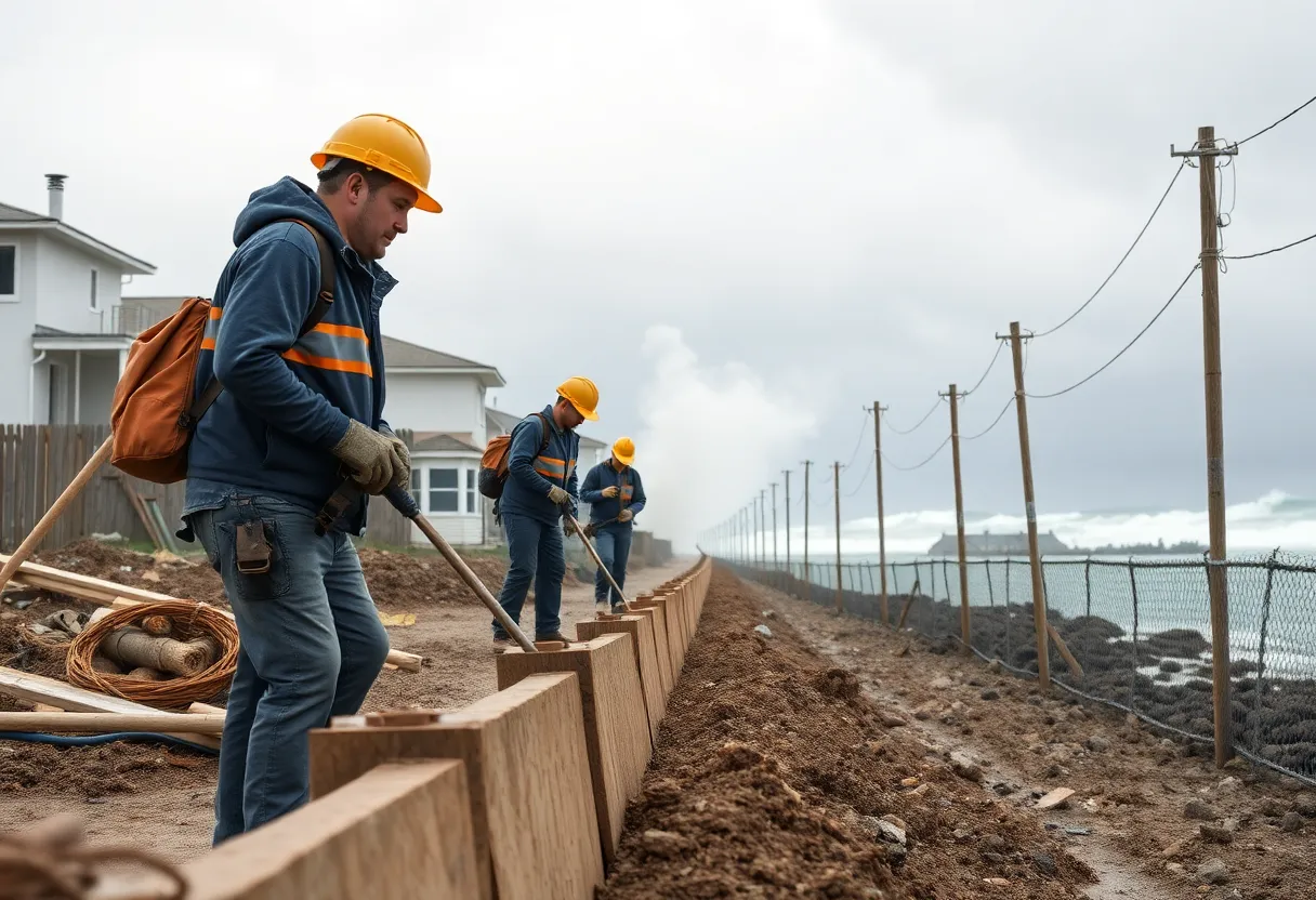 Community efforts for disaster mitigation with workers strengthening infrastructure.