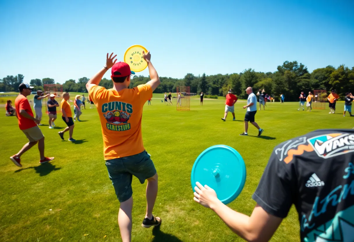Players competing in the 2026 Disc Golf Championship on a sunny day.