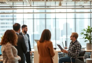 Entrepreneurs collaborating on media marketing strategies in a modern office