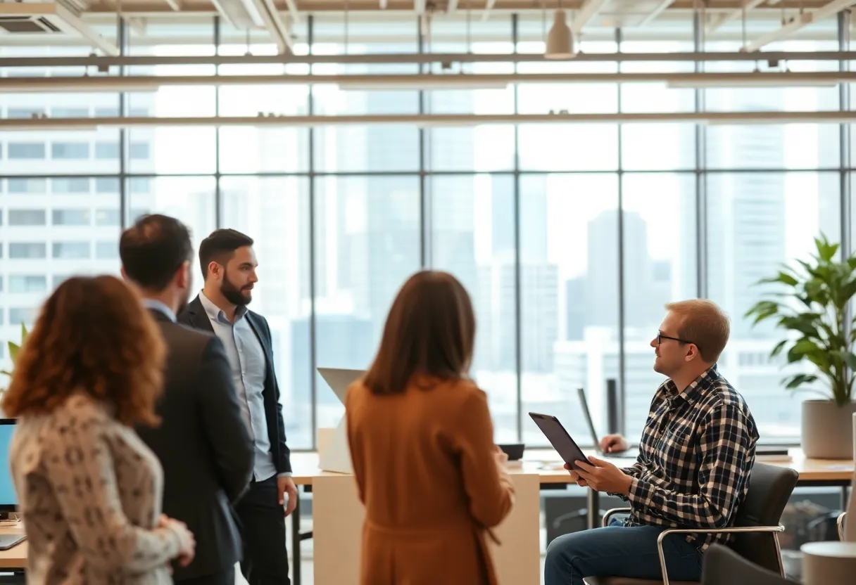 Entrepreneurs collaborating on media marketing strategies in a modern office