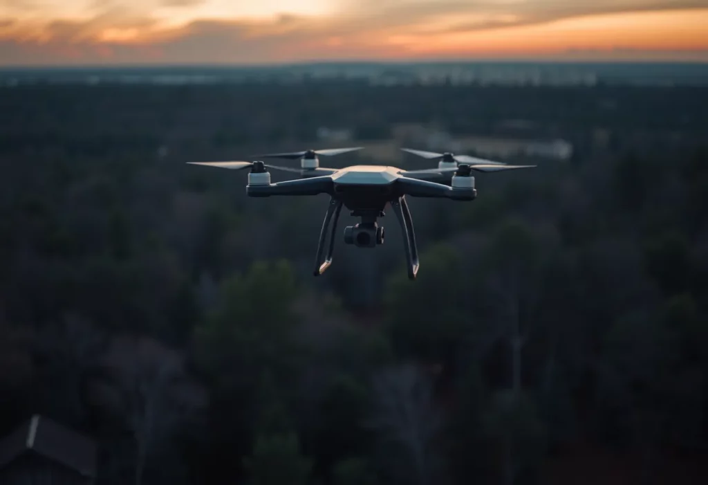 Drone flying over Jesse Helms Park during a search operation at dusk