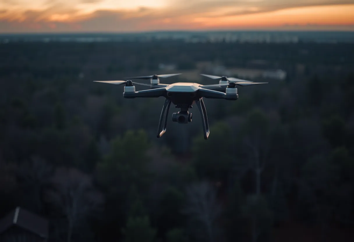 Drone flying over Jesse Helms Park during a search operation at dusk