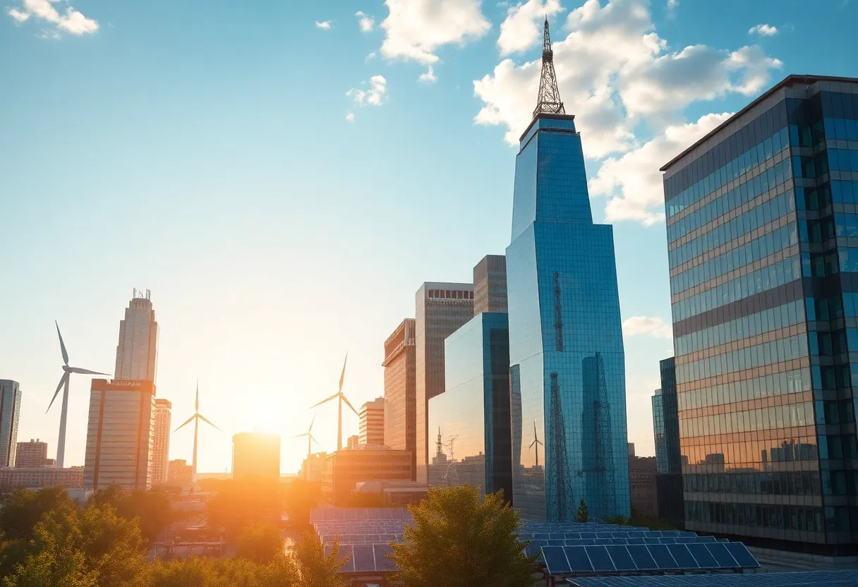 A modern cityscape of Charlotte, NC with sustainable energy infrastructure.