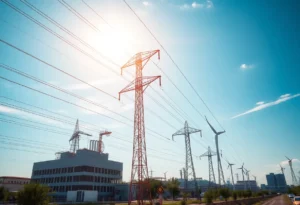 Modern energy infrastructure with power lines and renewable energy systems.