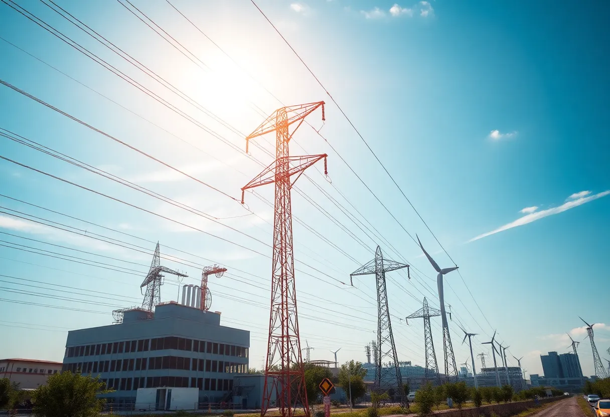 Modern energy infrastructure with power lines and renewable energy systems.
