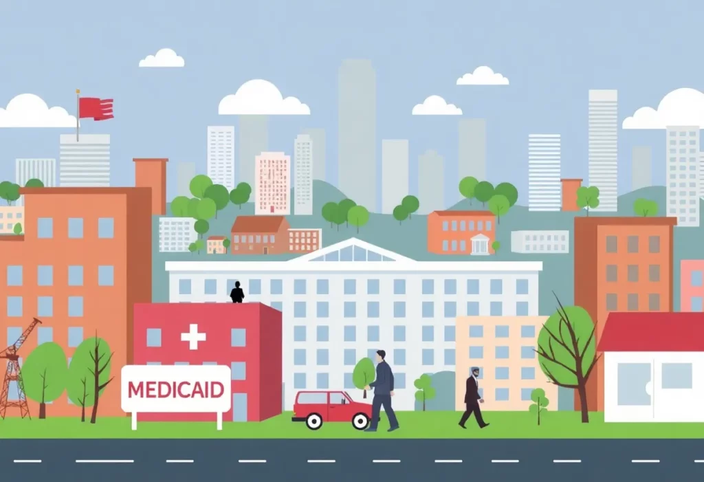 Illustration of economic strain due to federal funding cuts affecting Medicaid and SNAP